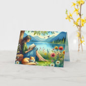 Girl Lesend a Book under a Tree with a Sleepy Cat Karte (Gelbe Blume)