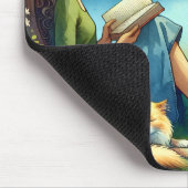 Girl Lesend a Book under a Tree with a Sleepy Cat Mousepad (Ecke)