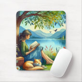 Girl Lesend a Book under a Tree with a Sleepy Cat Mousepad (Mit Mouse)