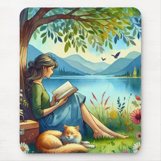 Girl Lesend a Book under a Tree with a Sleepy Cat Mousepad (Vorne)