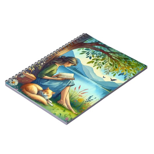 Girl Lesend a Book under a Tree with a Sleepy Cat Notizblock (Linke Seite)