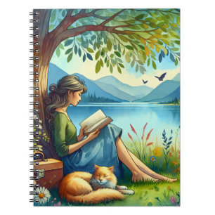 Girl Lesend a Book under a Tree with a Sleepy Cat Notizblock