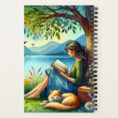 Girl Lesend a Book under a Tree with a Sleepy Cat Notizblock (Rückseite)