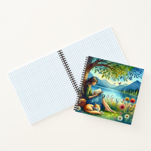 Girl Lesend a Book under a Tree with a Sleepy Cat Notizblock (Innenseite)