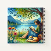 Girl Lesend a Book under a Tree with a Sleepy Cat Notizblock (Rückseite)