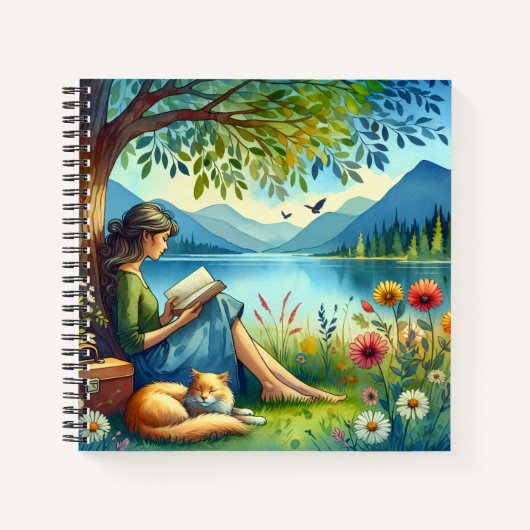Girl Lesend a Book under a Tree with a Sleepy Cat Notizblock (Vorderseite)