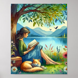 Girl Lesend a Book under a Tree with a Sleepy Cat Poster