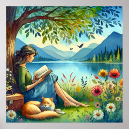 Girl Lesend a Book under a Tree with a Sleepy Cat Poster