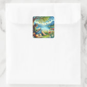 Girl Lesend a Book under a Tree with a Sleepy Cat Quadratischer Aufkleber (Tasche)