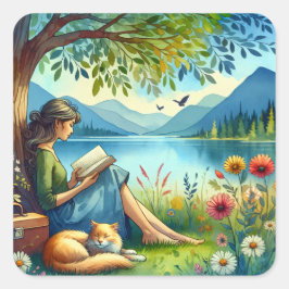 Girl Lesend a Book under a Tree with a Sleepy Cat Quadratischer Aufkleber