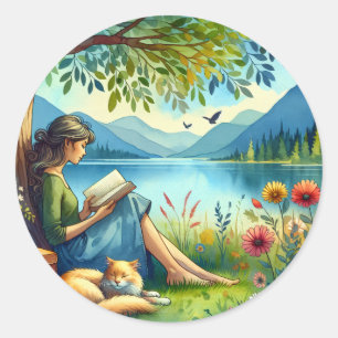 Girl Lesend a Book under a Tree with a Sleepy Cat Runder Aufkleber