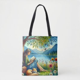 Girl Lesend a Book under a Tree with a Sleepy Cat Tasche