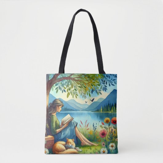 Girl Lesend a Book under a Tree with a Sleepy Cat Tasche (Vorderseite)
