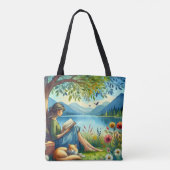 Girl Lesend a Book under a Tree with a Sleepy Cat Tasche (Rückseite)