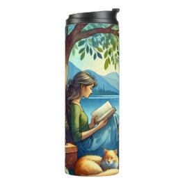 Girl Lesend a Book under a Tree with a Sleepy Cat Thermosbecher