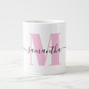 Girl Light Pink und White Polka Dot Monogramm Jumbo-Tasse