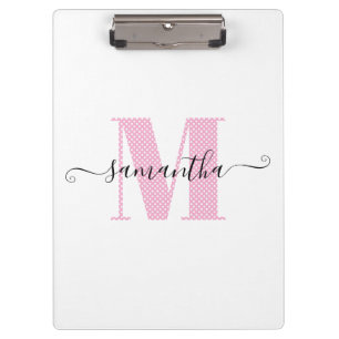 Girl Light Pink und White Polka Dot Monogramm Klemmbrett
