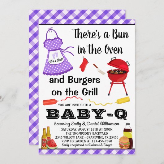 Girl Lila Barbecue Babydusche Einladung (Vorne/Hinten)