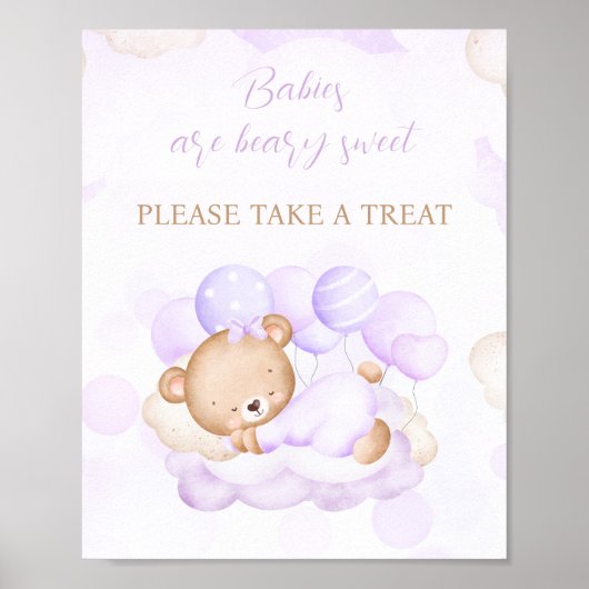 Girl Lila Bear Baby Dusche Gefallen Zeichen Poster (Vorne)