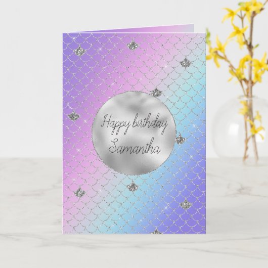 Girl Lila Pink Aqua Silver Mermaid Glitzer Karte (Gelbe Blume)
