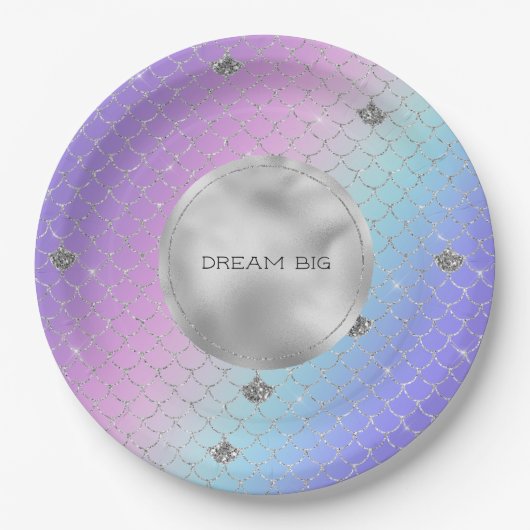 Girl Lila Pink Aqua Silver Mermaid Glitzer Pappteller (Vorderseite)
