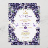 Girl Lila Quinceañera 15 Anos Blume Goldkrone Einladung (Vorne/Hinten)