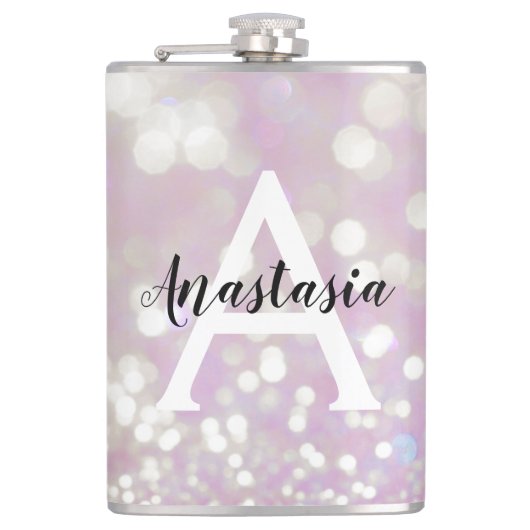 Girl Lilac Shimmer Glitzer Glitzern Monogram Name Flachmann (Vorderseite)
