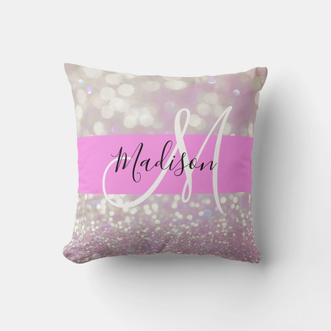 Girl Lilac Shimmer Glitzer Glitzern Monogram Name Kissen (Vorderseite)
