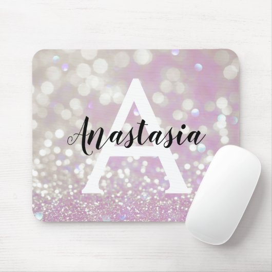 Girl Lilac Shimmer Glitzer Glitzern Monogram Name Mousepad (Mit Mouse)