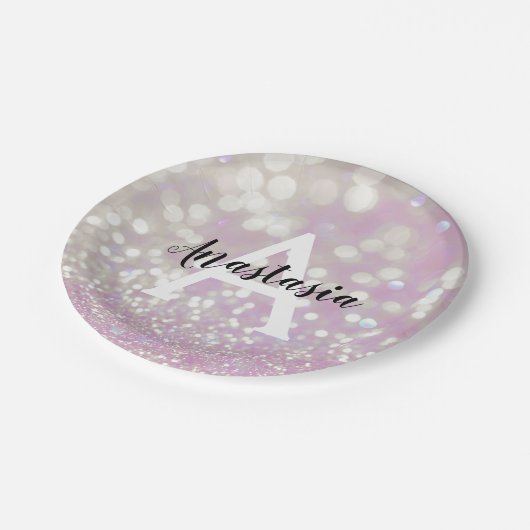 Girl Lilac Shimmer Glitzer Glitzern Monogram Name Pappteller (Schrägansicht)