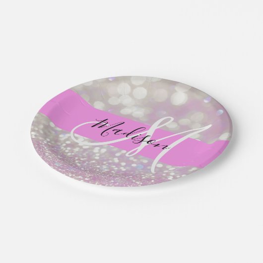 Girl Lilac Shimmer Glitzer Glitzern Monogram Name Pappteller (Schrägansicht)