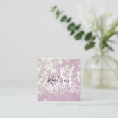 Girl Lilac Shimmer Glitzer Glitzern Monogram Name Quadratische Visitenkarte (Stehend Vorderseite)