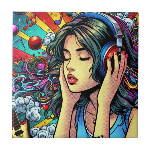 Girl Listing to Music on Headphones Psychedelic Fliese (Vorderseite)