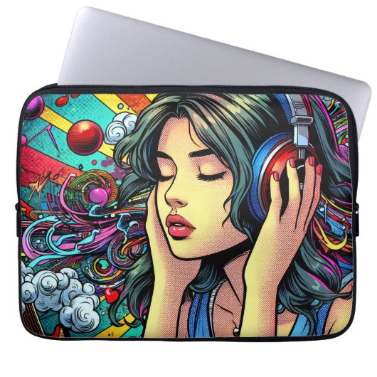 Girl Listing to Music on Headphones Psychedelic Laptopschutzhülle (Vorderseite)