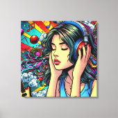 Girl Listing to Music on Headphones Psychedelic Leinwanddruck (Vorderseite)