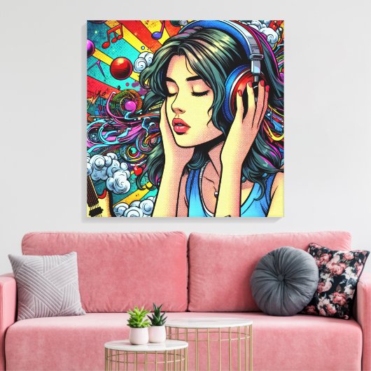 Girl Listing to Music on Headphones Psychedelic Leinwanddruck (Insitu (Wohnzimmer))