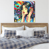 Girl Listing to Music on Headphones Psychedelic Leinwanddruck (Insitu (Schlafzimmer))