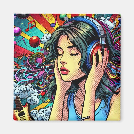 Girl Listing to Music on Headphones Psychedelic Magnet (Vorne)