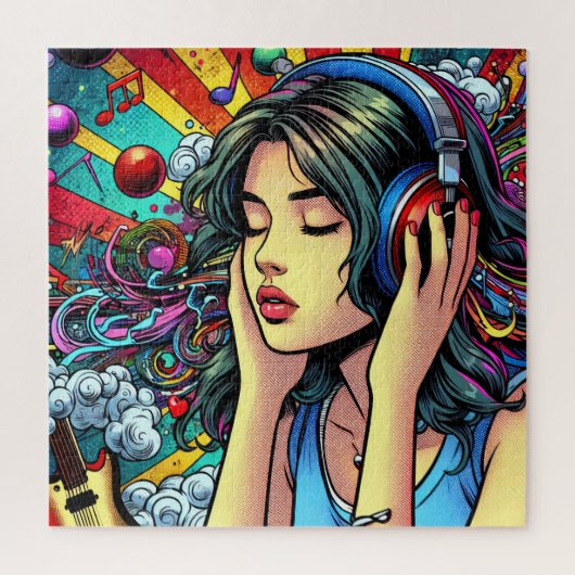 Girl Listing to Music on Headphones Psychedelic Puzzle (Vertikal)