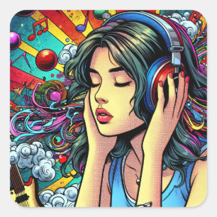 Girl Listing to Music on Headphones Psychedelic Quadratischer Aufkleber