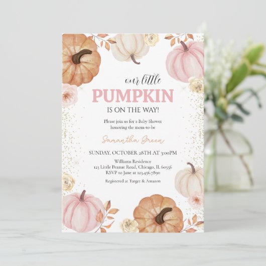 Girl Little Pumpkin Baby Shower Einladung (Stehend Vorderseite)