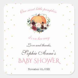 Girl Little Pumpkin Burgundy Floral Baby Shower Quadratischer Aufkleber