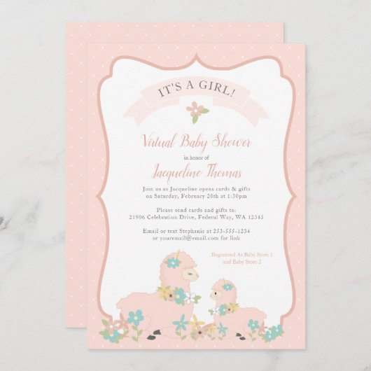 Girl Llama Pink Kinderdusche Einladung (Vorne/Hinten)