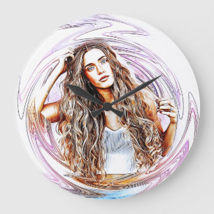 Girl Long Brown Blonde Haarbild Zeichne Wasser Große Wanduhr