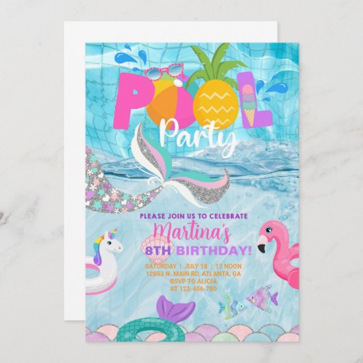 Girl Meerjungfrau Pool Party, Pool Bash Sommer ein Einladung (Vorne/Hinten)