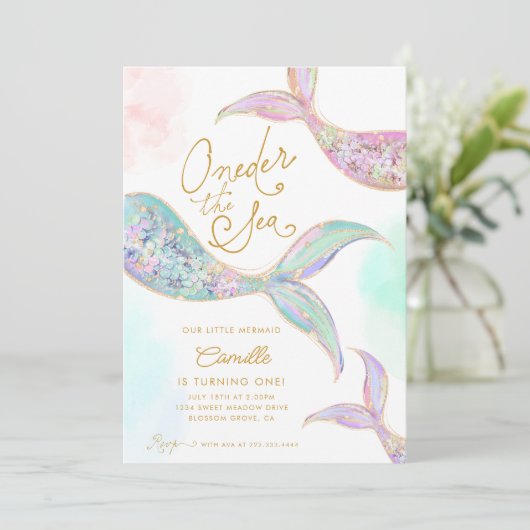 Girl Mermaid 1. Geburtstag Einladung (Stehend Vorderseite)