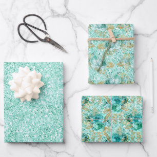 Girl Mint Gold Glitzer Floral Geschenkpapier Set