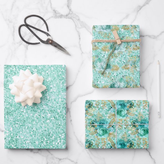 Girl Mint Gold Glitzer Floral Geschenkpapier Set (Vorderseite)