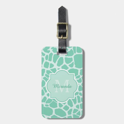 Girl Mint Green Giraffe Print Monogram und Name Gepäckanhänger (Vorderseite vertikal)