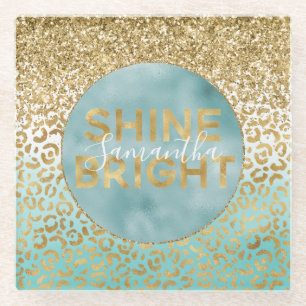 Girl Mint Watercolor Gold Leopard Print Shine Glasuntersetzer